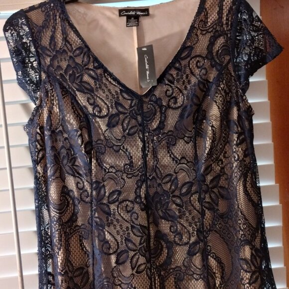 Cardalite Women's Dresses & Skirts - Womens evening dress with navy blue lace top and beige lining.